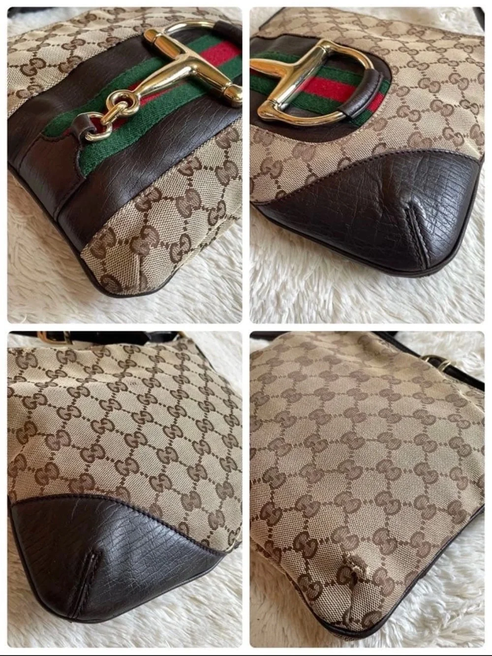 Gucci Brown GG Canvas Crossbody Bag with Red-Green Web and Gold Tone Hardware